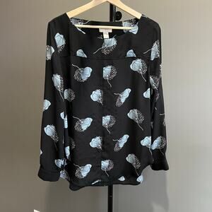 Loft Women's Blue and Black Floral Stylish Long Sleeve Blouse Size Large